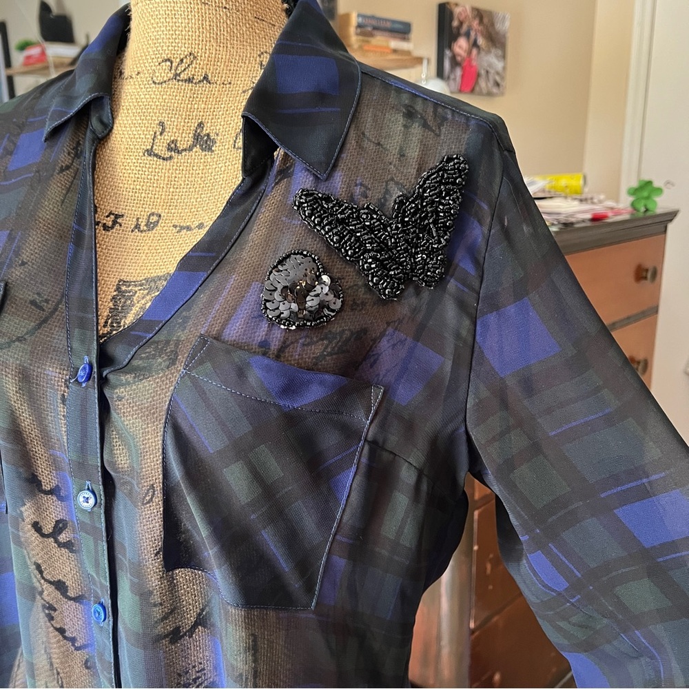Sheer Plaid Button-Up with Beaded Butterfly Accent